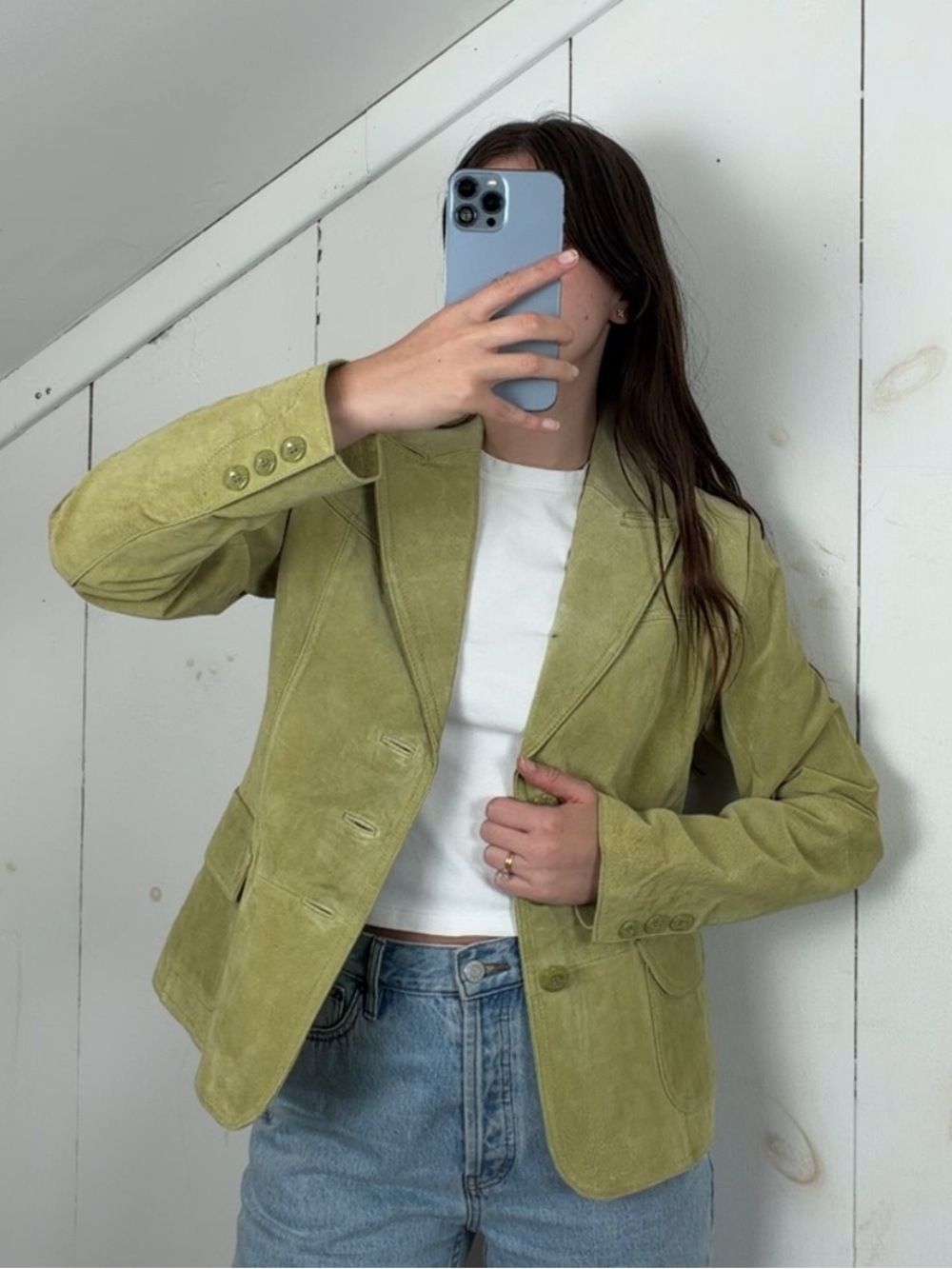 NWT Green Suede Leather Blazer Jacket‎ Women’s S Lightweight Button Front Y2K